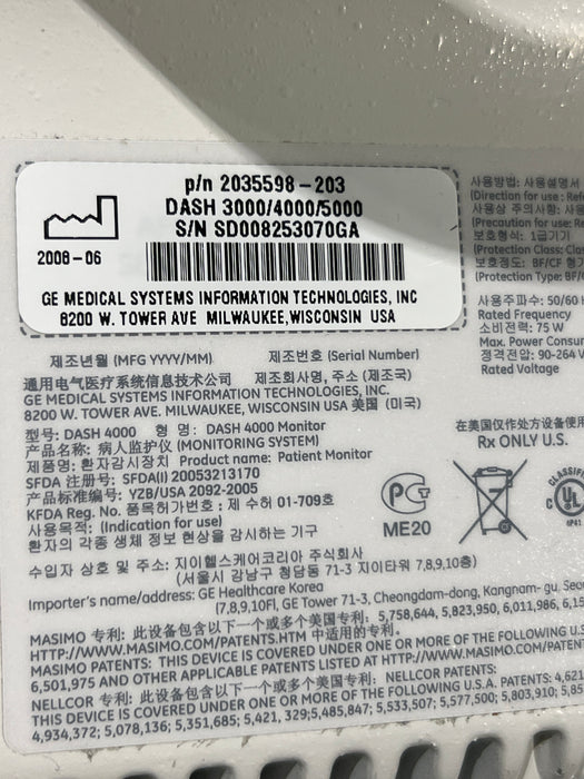GE Healthcare Dash 4000 - Masimo SpO2 Patient Monitor