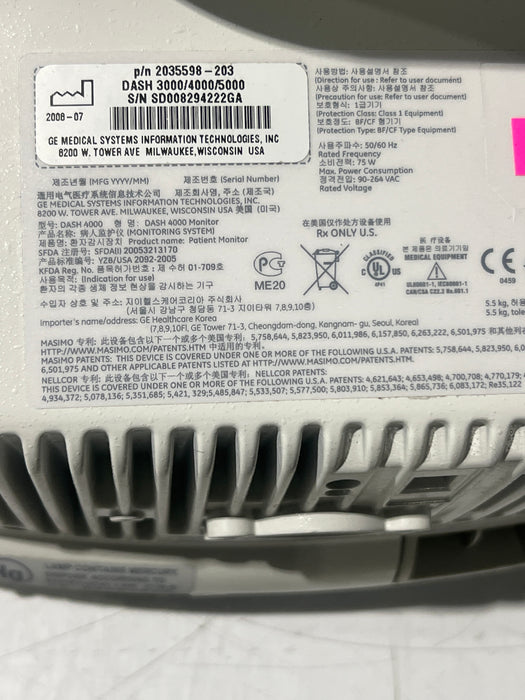 GE Healthcare Dash 4000 - Masimo SpO2 Patient Monitor
