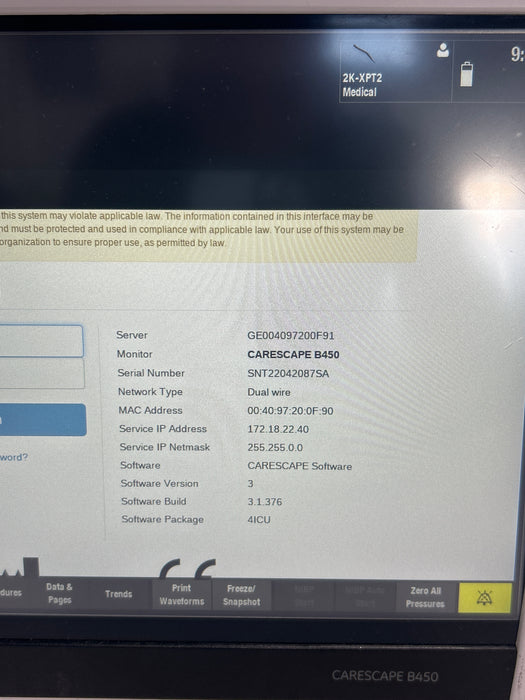GE Healthcare Carescape B450 Critical Care Patient Monitor