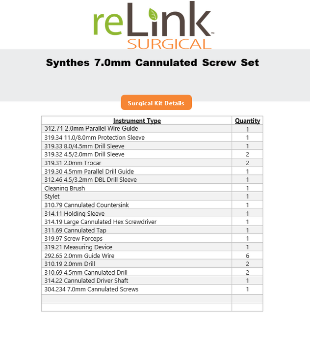 Synthes, Inc. 7.0mm Cannulated Screw Set