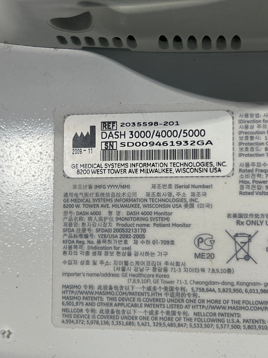 GE Healthcare Dash 4000 - Masimo SpO2 Patient Monitor