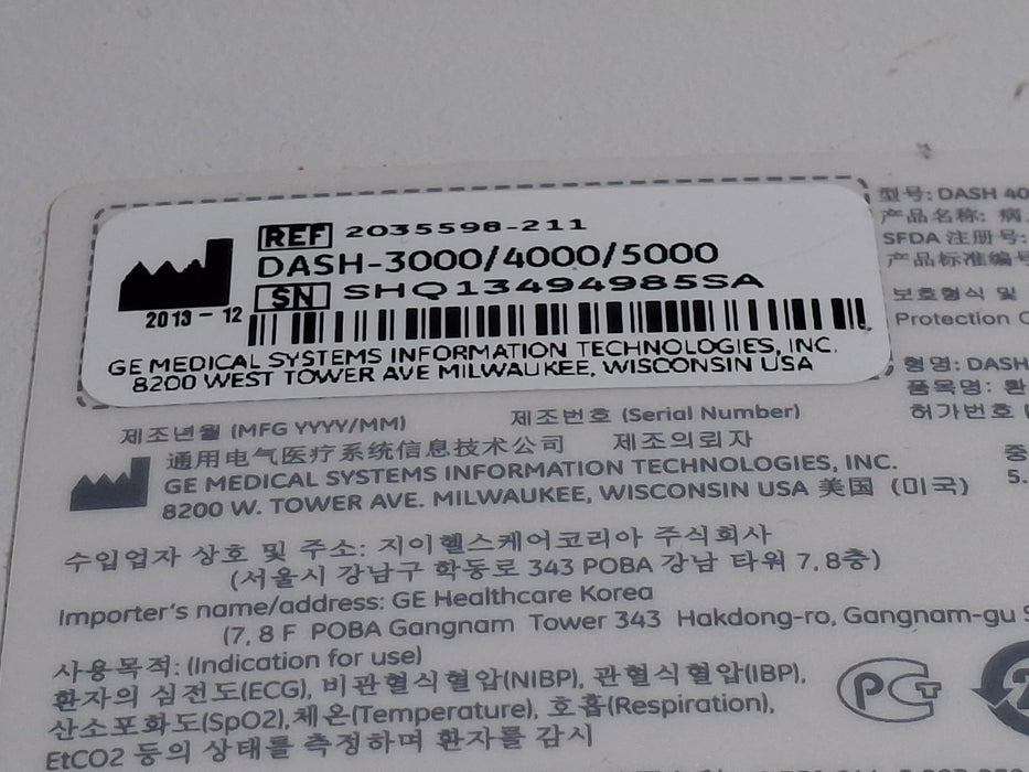 GE Healthcare Dash 4000 - Masimo SpO2 Patient Monitor