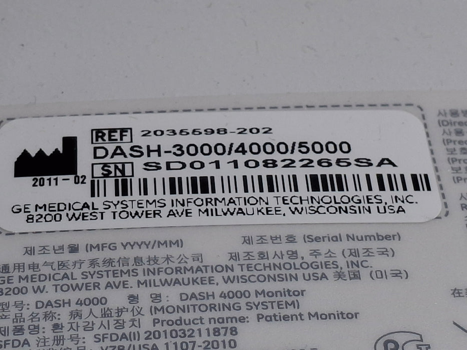 GE Healthcare Dash 4000 - Masimo SpO2 Patient Monitor