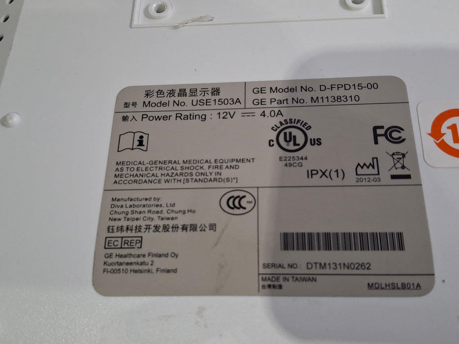 GE Healthcare DFPD1500 15" Monitor For Anesthesia Monitor