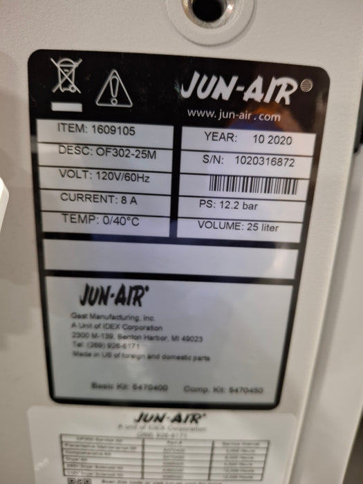Jun-Air OF302-25M Oil Less Rocking Piston Air Compressor Cabinet Unit