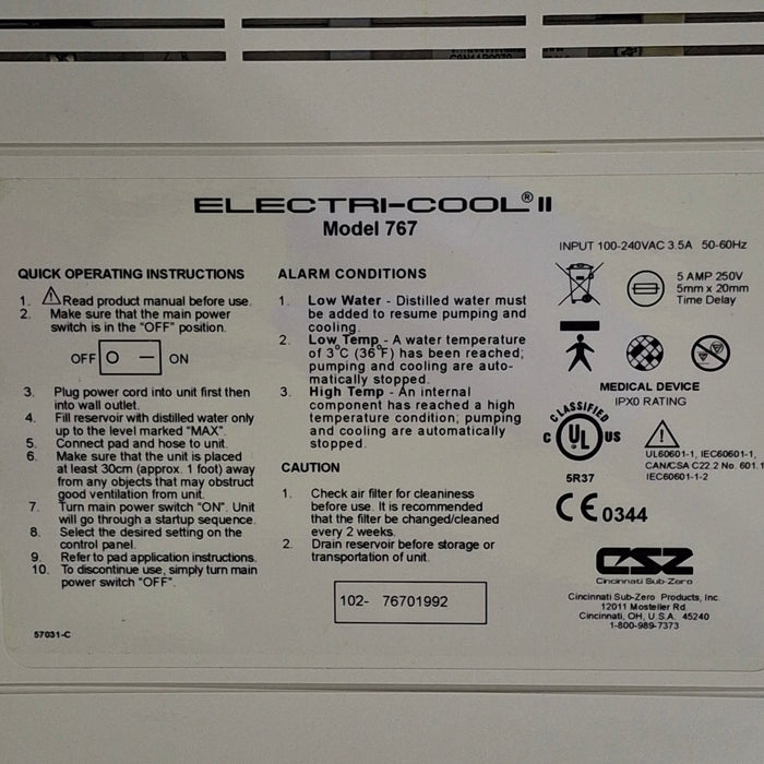 Cincinnati Sub-Zero CSZ Electri-Cool II Cold Therapy System