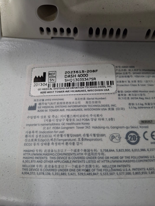 GE Healthcare Dash 4000 - Masimo SpO2 Patient Monitor