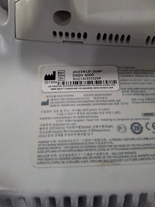 GE Healthcare Dash 4000 - Masimo SpO2 Patient Monitor
