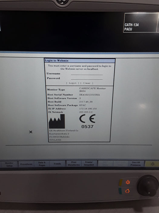 GE Healthcare Carescape B650 Post Anesthesia Care Patient Monitor