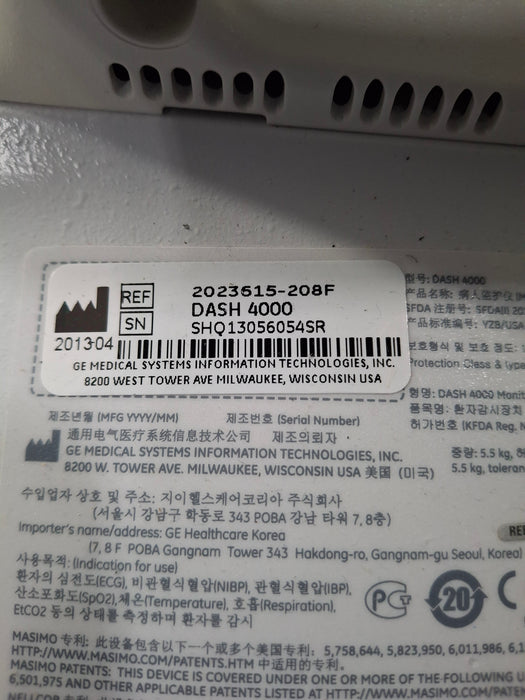 GE Healthcare Dash 4000 - Masimo SpO2 Patient Monitor