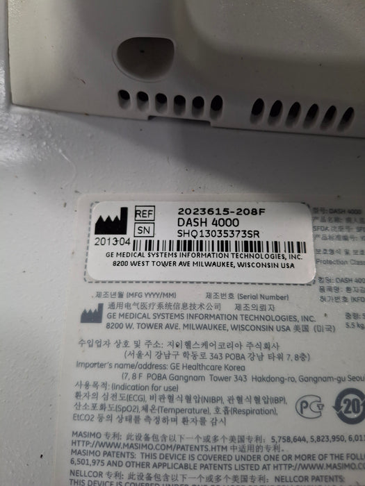 GE Healthcare Dash 4000 - Masimo SpO2 Patient Monitor