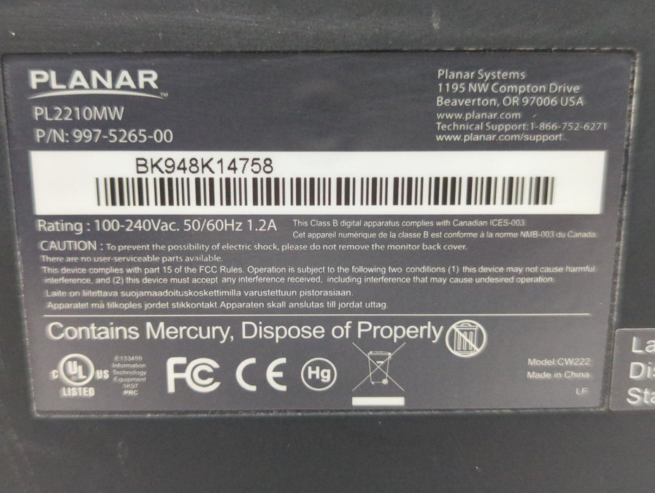 Planar Systems PL2210MW 22" LCD Monitor