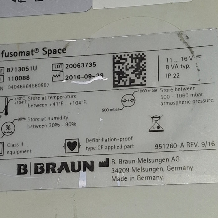 B. Braun Infusomat Space w/Pole Clamp & AC Adapter Infusion Pump
