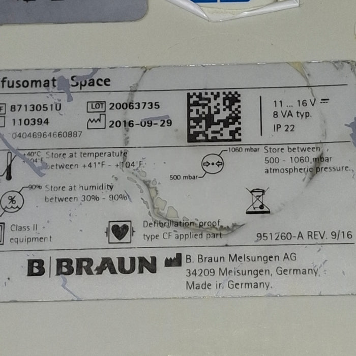 B. Braun Infusomat Space w/Pole Clamp & AC Adapter Infusion Pump
