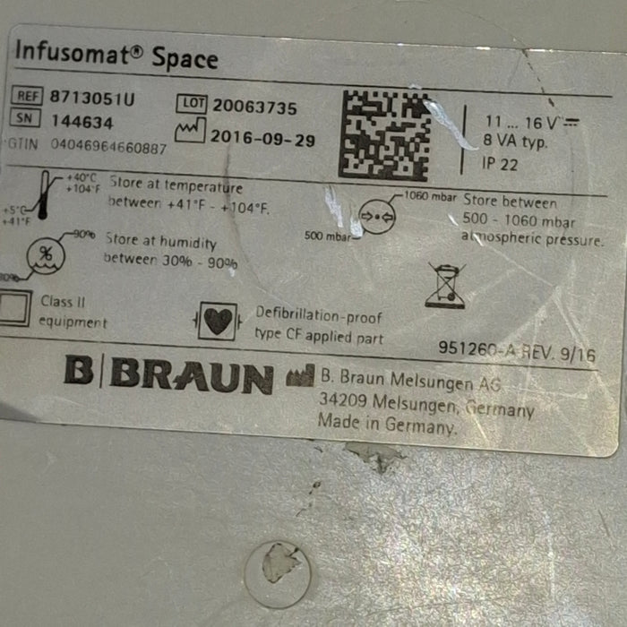 B. Braun Infusomat Space w/Pole Clamp & AC Adapter Infusion Pump