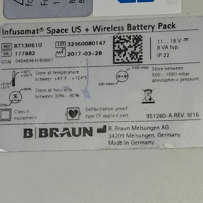 B. Braun Infusomat Space w/Pole Clamp & AC Adapter Infusion Pump
