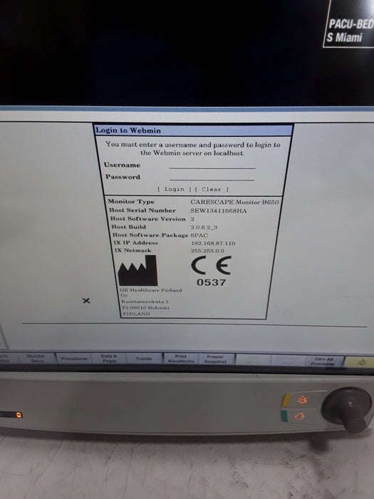 GE Healthcare Carescape B650 Post Anesthesia Care Patient Monitor