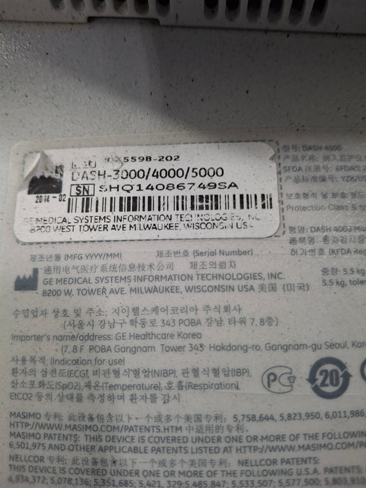 GE Healthcare Dash 4000 - Masimo SpO2 Patient Monitor