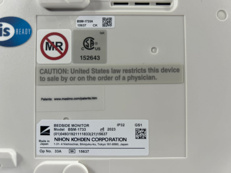 Nihon Kohden BSM-1733 Life Scope PT Transport Patient Monitor