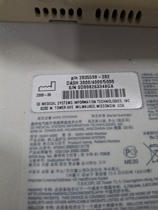 GE Healthcare Dash 4000 - Masimo SpO2 Patient Monitor