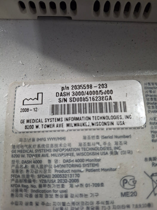GE Healthcare Dash 4000 - GE/Nellcor SpO2 Patient Monitor