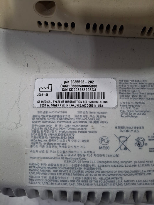 GE Healthcare Dash 4000 - Masimo SpO2 Patient Monitor