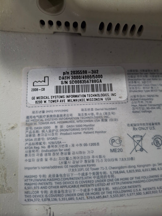 GE Healthcare Dash 5000 - Masimo SpO2 Patient Monitor