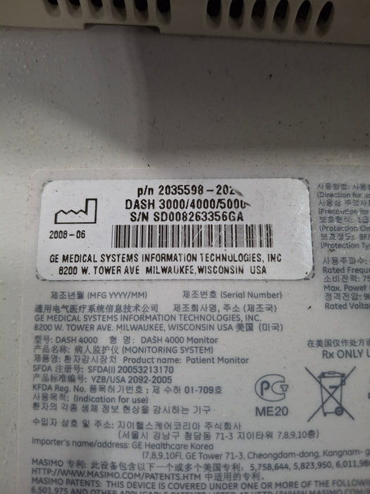 GE Healthcare Dash 4000 - Masimo SpO2 Patient Monitor