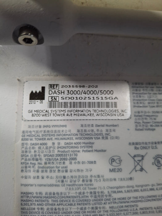 GE Healthcare Dash 4000 - Masimo SpO2 Patient Monitor
