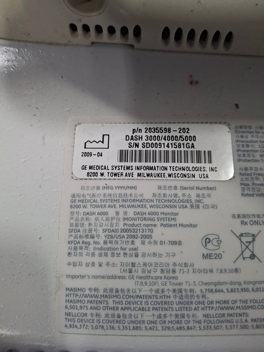 GE Healthcare Dash 4000 - Masimo SpO2 Patient Monitor