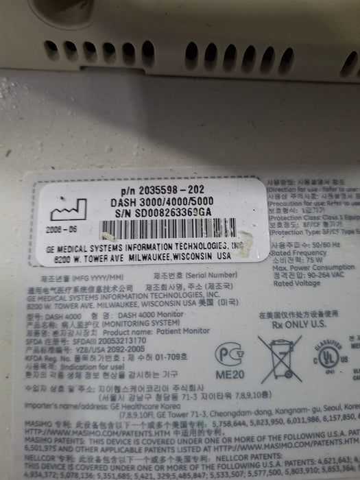 GE Healthcare Dash 4000 - Masimo SpO2 Patient Monitor