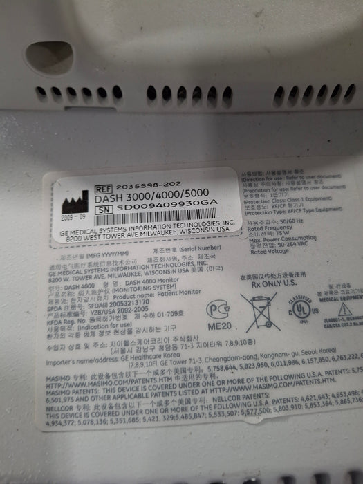 GE Healthcare Dash 4000 - Masimo SpO2 Patient Monitor