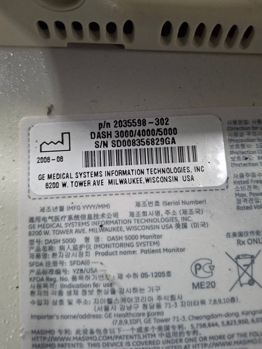 GE Healthcare Dash 5000 - Masimo SpO2 Patient Monitor