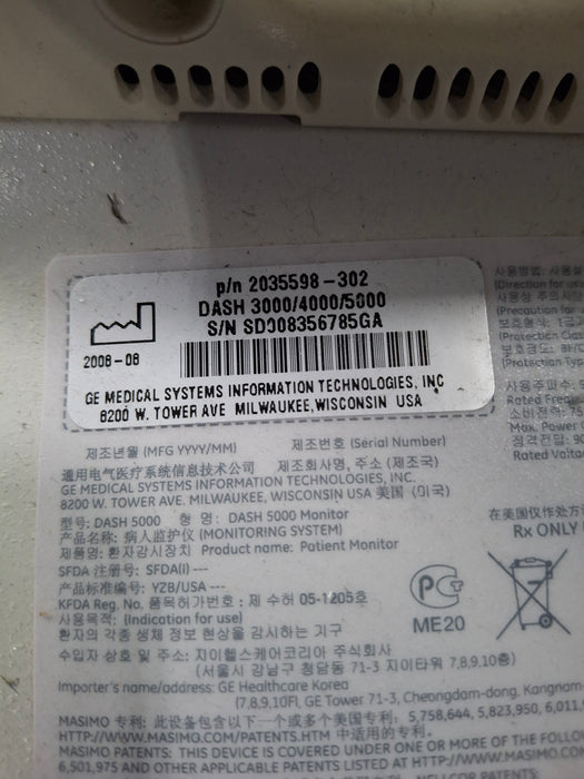 GE Healthcare Dash 5000 - Masimo SpO2 Patient Monitor