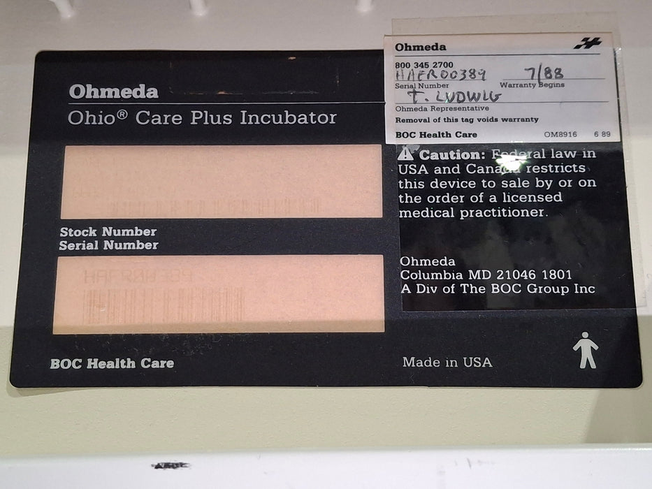 Ohmeda Medical Ohio Care Plus Incubator