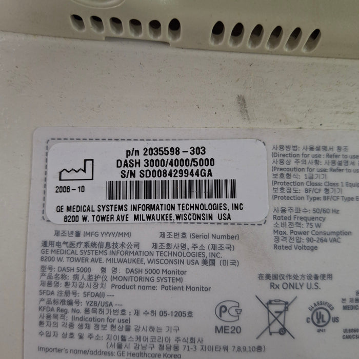 GE Healthcare Dash 5000 - GE/Nellcor SpO2 Patient Monitor