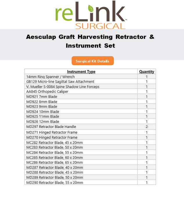 Aesculap, Inc. Graft Harvesting Retractor & Instrument Set