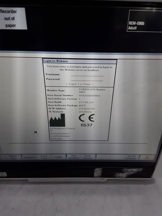 GE Healthcare Carescape B450 Emergency Care Patient Monitor