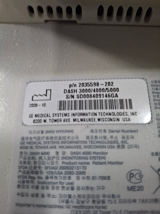 GE Healthcare Dash 4000 - Masimo SpO2 Patient Monitor
