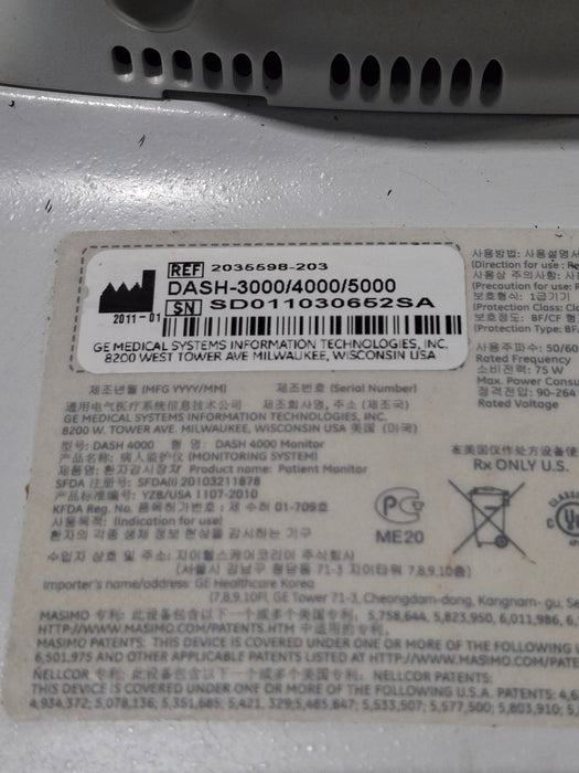 GE Healthcare Dash 4000 - Masimo SpO2 Patient Monitor