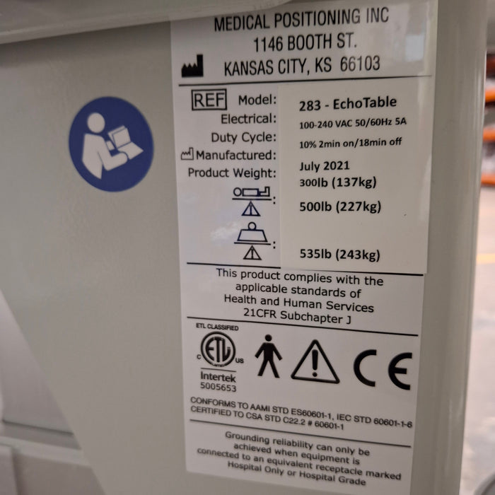 Medical Positioning, Inc. 2283 Ultrasound Echo Table