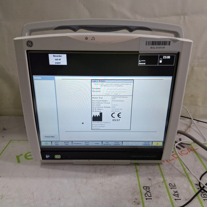 GE Healthcare Carescape B450 Post Anesthesia Care Patient Monitor