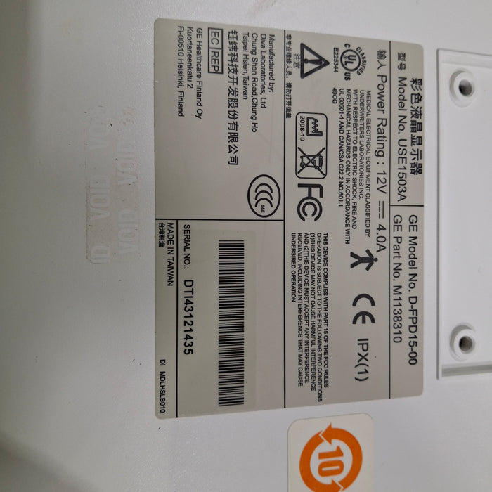 GE Healthcare DFPD1500 15" Monitor For Anesthesia Monitor