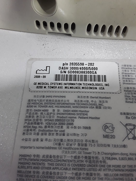 GE Healthcare Dash 4000 - Masimo SpO2 Patient Monitor