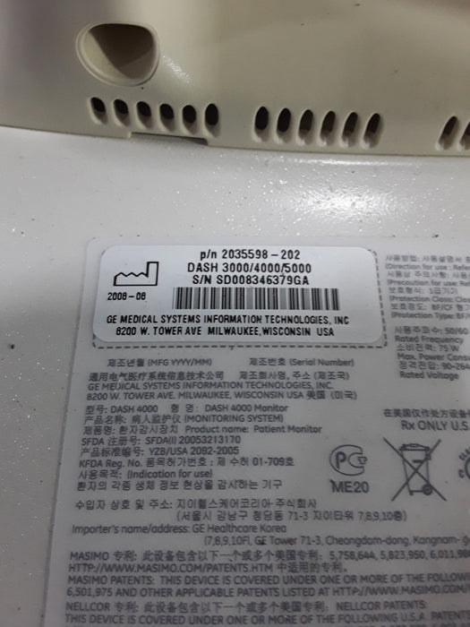 GE Healthcare Dash 4000 - Masimo SpO2 Patient Monitor