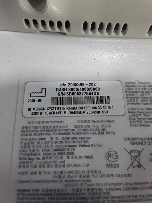 GE Healthcare Dash 4000 - Masimo SpO2 Patient Monitor