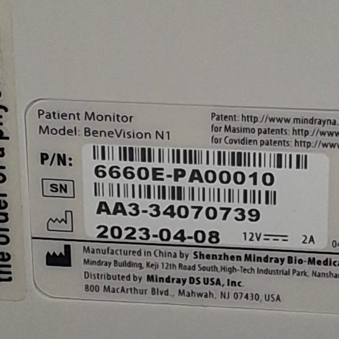 Mindray Benevision N1 Nellcor Transport Monitor