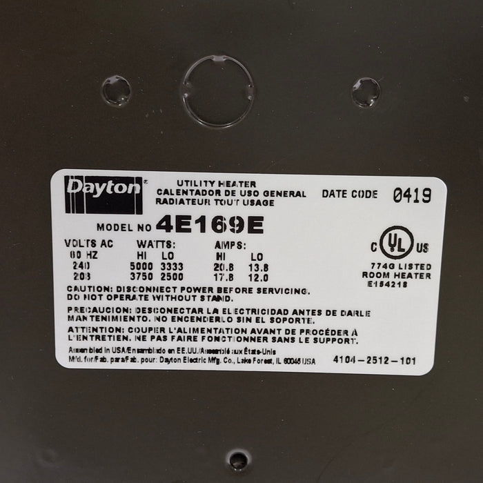 Dayton 4E169E Electric Utility Heater