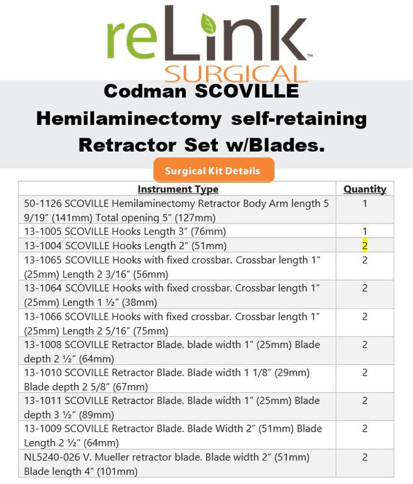 Codman Codman Scoville Hemilaminectomy Self Retaining Retractor Set with Blades Surgical Sets reLink Medical